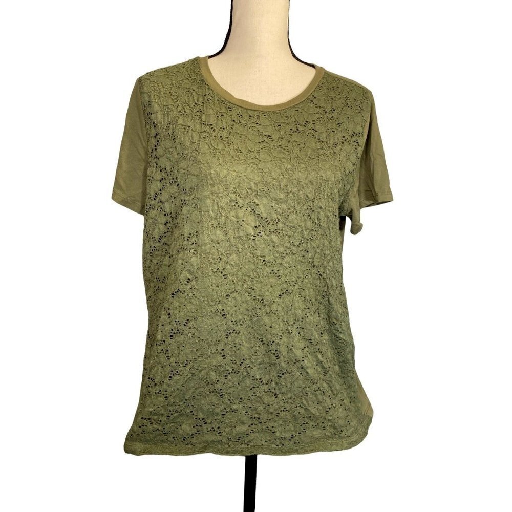Basic Editions Green Olive Floral Lace Front Crew Neck Short Sleeve Top Size: XL